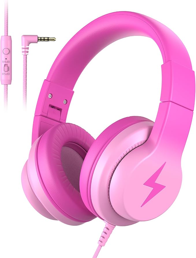Candy Bila Kids Headphones, Wired Headphones for Kids Over Ear with Microphone, Foldable Headphone for Learning & Entertainment, Gradient Deep Pink