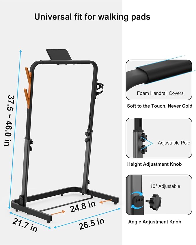 Walking Pad Handle Bar Attachment Only, Compatible with Walking Pads 22.4" Wide, Adjustable Treadmill Handrail with Phone/Cup Holder & Towel Hooks, Overbold Stable, Easy Assembly, Black