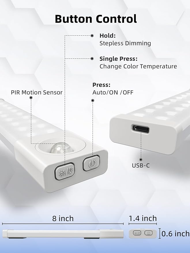 EZVALO 6 Pack 8 inch Under Cabinet Lighting with Charging Station, Rechargeable Motion Sensor Lights, Wireless Magnetic LED Closet Lights, 3 Color Temperatures, Dimmable for Kitchen, Pantry, Stair