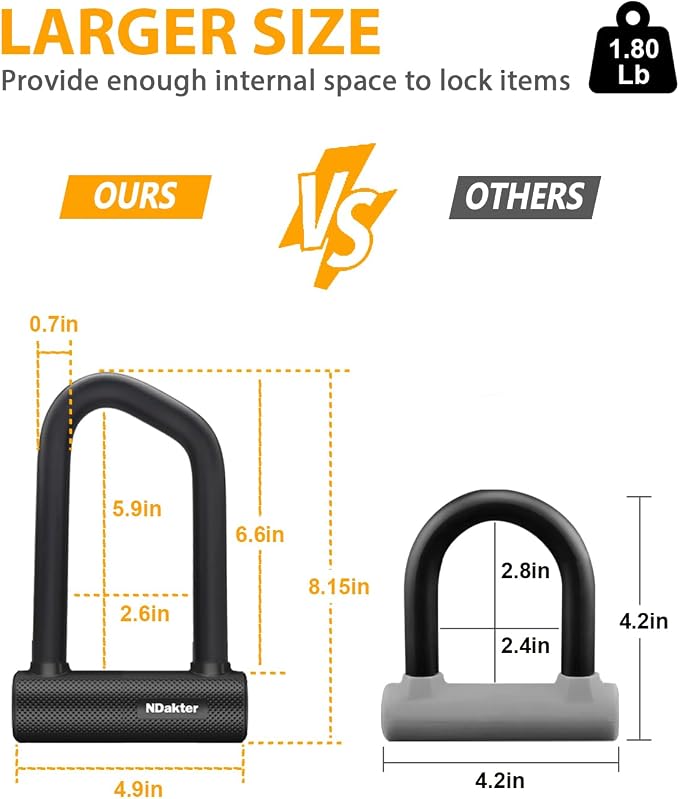 NDakter Bike Locks Heavy Duty Anti Theft, Bicycle U Lock for Ebike, 18mm Shackle, 6FT Steel Security Cable with 3 Keys for Electric Escooter, Mountain & Folding Bike, Tri-Bike Wheel Lock Sturdy