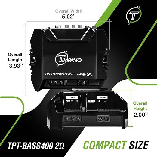 Timpano 400 Watts Mono Subwoofer Car Audio Amplifier TPT-BASS400 2 Ohm – 12 Volts Mini Monoblock Class D Car Amp, Built-in Crossover & Bass Boost with High Level Inputs