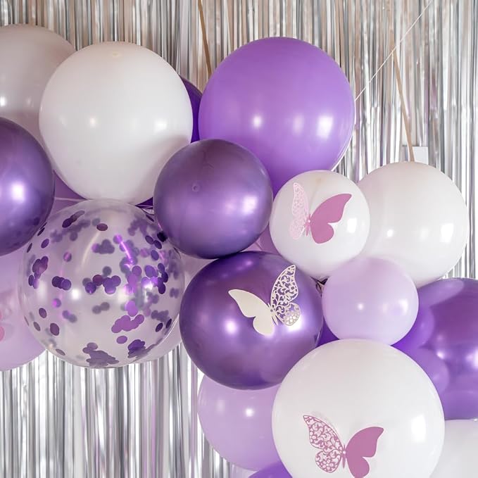Restaurantware-Balloonify Balloon Garland Set, 1 Party Decoration Kit - 110 Balloons, With Chain, Confetti Purple & White Latex Balloon Arch Kit, Includes Glue Dots, Ribbon & Knot
