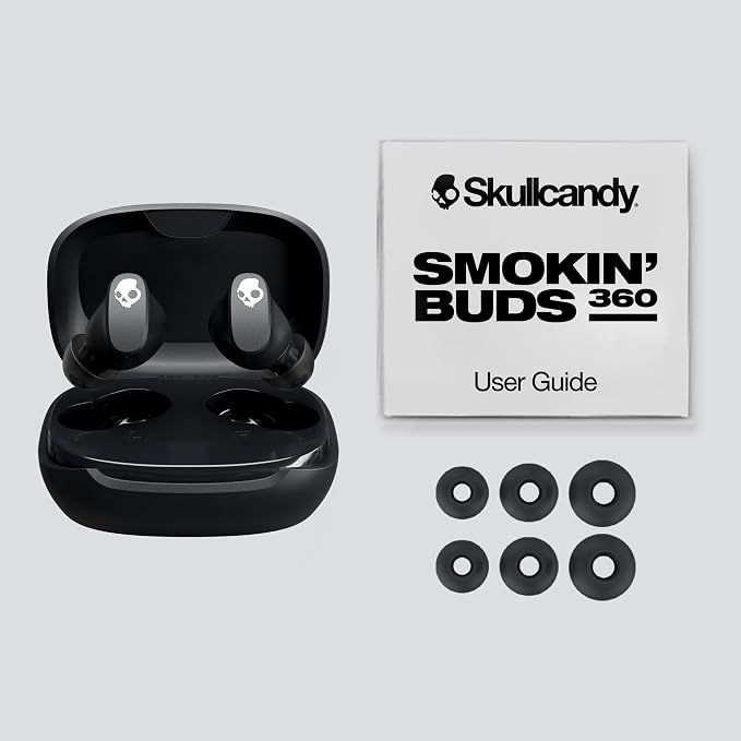 Skullcandy Smokin’ Buds 360 Wireless Earbuds, Bluetooth Headphones, Noise Isolating Fit, Up to 20 Hours Battery, IPX4 Sweat and Water Resistant, Microphone for iPhone Android - True Black