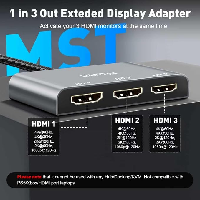 UANTIN DisplayPort to HDMI Splitter for 3 Monitors Extended Display Adapter 4K@60Hz 1 DP in 3 HDMI Out MST Hub for Multiple Monitor Display Port Compatible with NVIDIA/AMD Graphic Card