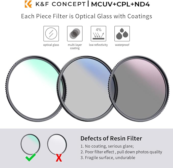 K&F Concept 52mm UV/CPL/ND Lens Filter Kit (3 Pieces)-18 Multi-Layer Coatings, UV Filter + Polarizer Filter + Neutral Density Filter (ND4) + Cleaning Cloth+ Filter Pouch for Camera Lens (K-Series)
