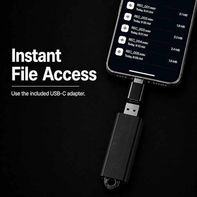 USB Voice Recorder 24 Hours Continuous Recording, 288 Hours Storage Capacity, Easy File Access, Compact for Meetings and Lectures