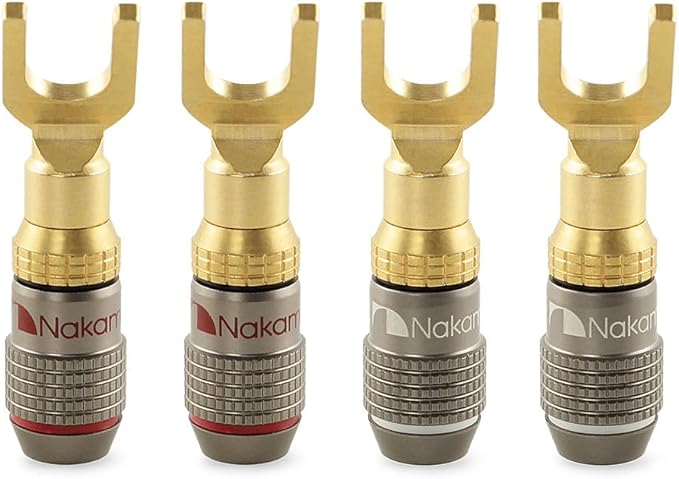 Nakamichi FanLock Excel Series 24k Gold Plated Spade Connector Banana Plug 10 AWG - 18 AWG Gauge Size 4mm for Speakers Amplifier Hi-Fi Home Theatre Wire Cable Quick Connector, 4 Pcs (2-Pairs)