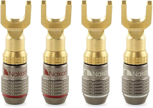 Nakamichi FanLock Excel Series 24k Gold Plated Spade Connector Banana Plug 10 AWG - 18 AWG Gauge Size 4mm for Speakers Amplifier Hi-Fi Home Theatre Wire Cable Quick Connector, 4 Pcs (2-Pairs)