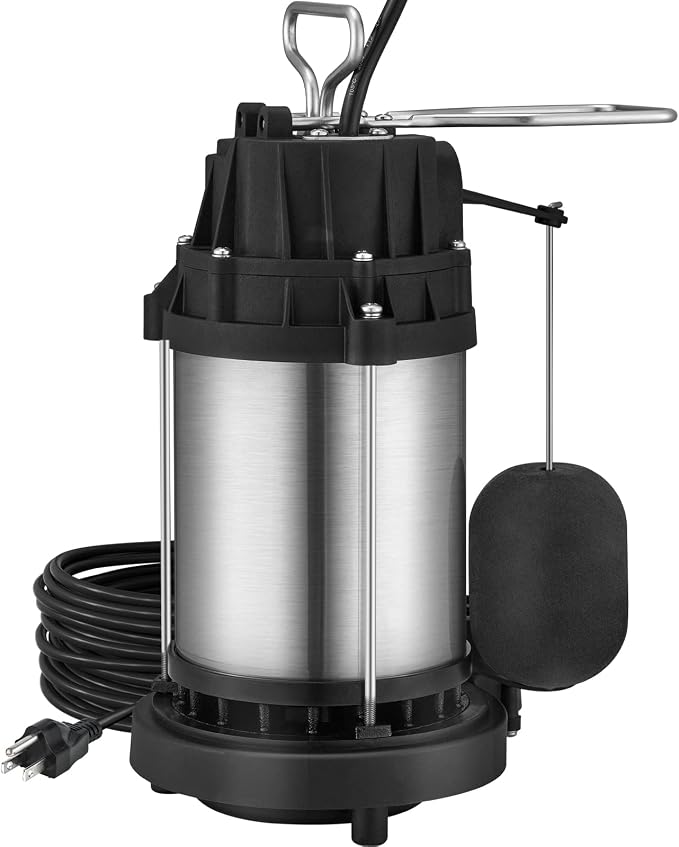 VEVOR 1/2 HP Sump Pump Submersible, Sump Pump with Stainless Steel Surface, 10 ft Power Cord, 1-1/2" NPT Discharge, Automatic Float Switch, for Indoor&Outdoor Water Drain