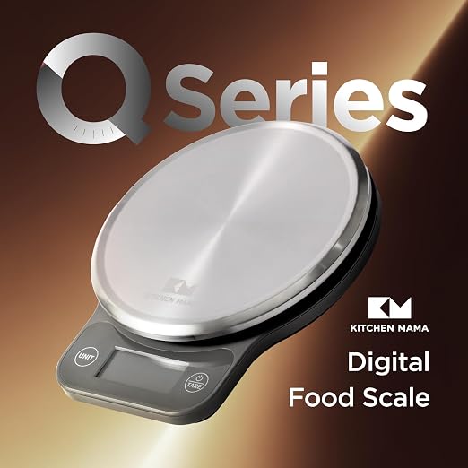 Kitchen Mama Q-Series Digital Food Scale, Metal Gray | 13.2 lb / 6000g Capacity, 1g Precision, Tare Function, Stainless Steel Platform, LCD Display
