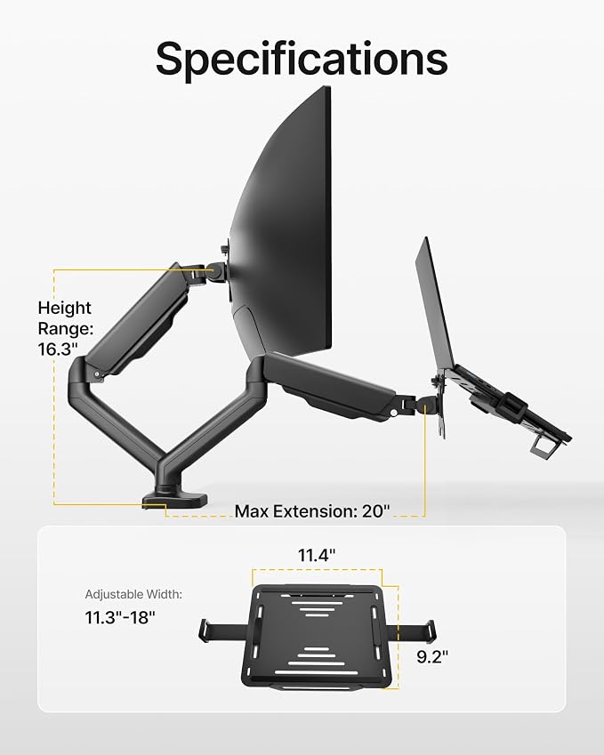 monTEK Laptop Arm Mount for Desk for Max 32” Screen and 18” Notebook, Dual Monitor Stand with Adjustable Laptop Holder, Holds up to 19.8 lbs, Full Motion Arm with Clamp/Grommet Base, 75/100 VESA Mount