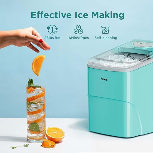 Silonn Ice Makers Countertop, 9 Cubes Ready in 6 Mins, Self-Cleaning Ice Machine with Ice Scoop and Basket, 26lbs in 24Hrs, 2 Sizes of Bullet Ice for Home Kitchen Office Bar Party, Green