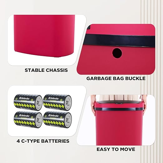 BestOffice | 13 Gallon Plastic Trash Can with Lid | Red | Automatic Touchless Garbage Can | Odor Control | Modern Oval Design | Easy to Clean | Fits Any Kitchen, Bathroom, Office or Home