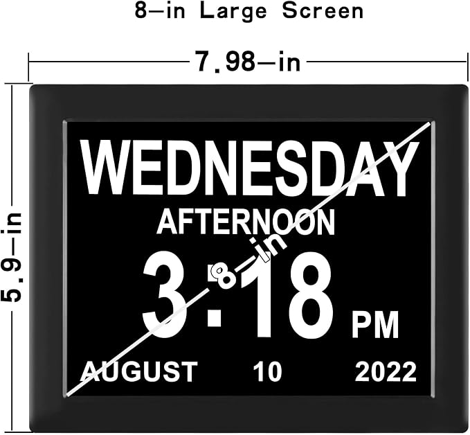 Digital Calendar Clock Date and Time Day of The Week Clock 8 Alarm Options + Auto Dimming for Seniors Dementia Elderly Patients