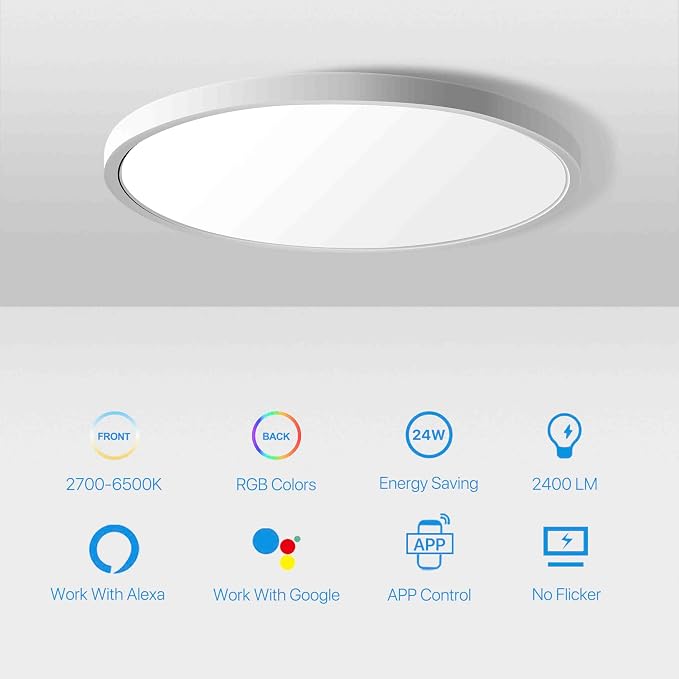 MELEGAN 4 Pack Smart Led Ceiling Light Flush Mount, 12 Inch 24W Ceiling Light Fixture Dimmable 2700K-6500K, RGB Ambient Light Fixture WiFi Compatible with Alexa Google Home for Bedroom Living Room