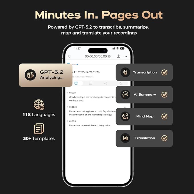 Dasit Note Pro AI Voice Recorder, Transcribe & Summarize with AI, App Control, Note Taker for Meetings & Calls, Supports 112 Languages, Ultra-Slim w/OLED Display, Case Included, Grey