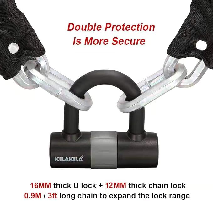 KILAKILA Security Chain Lock - Heavy Duty 10mm Bicycle and Motorbike Lock With 16mm U Lock