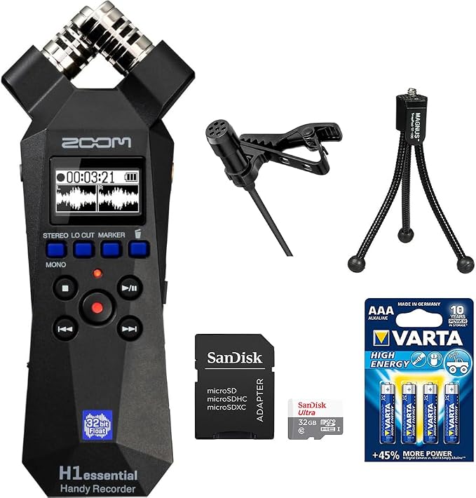 Zoom H1essential 2-Track 32-Bit Float Portable Audio Recorder Bundle with Omnidirectional Lavalier Microphone, 32GB Memory Card with SD Adapter, 4 Pack AAA Batteries and Compact Tabletop Tripod