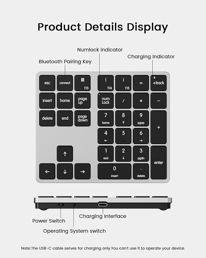 Kisnt KN300BT Bluetooth Number Pad for Laptop, 34- Key Wireless Rechargeable Numeric Keypad Portable External Numpad for MacBook, Tablets, Mac, iOS, Android, Windows PC