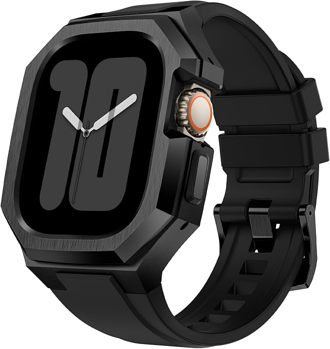 Luxury Metal Case with Band Compatible for Apple Watch 44mm 45mm 46mm 49mm,Men Rugged Protective Bumper Cover with Soft Silicone Strap for iWatch Series 11/10/9/8/7/6/SE3/SE2/SE/5/4 and Ultra 3/2/1 49mm