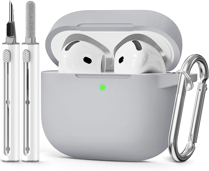 for AirPods 4 Case 2024 Come with Cleaner Kit,Soft Silicone Protective Cover for Apple AirPods 4th Generation Cases with Keychain,Compatible with AirPod 4 Case for Women Men-Light Grey