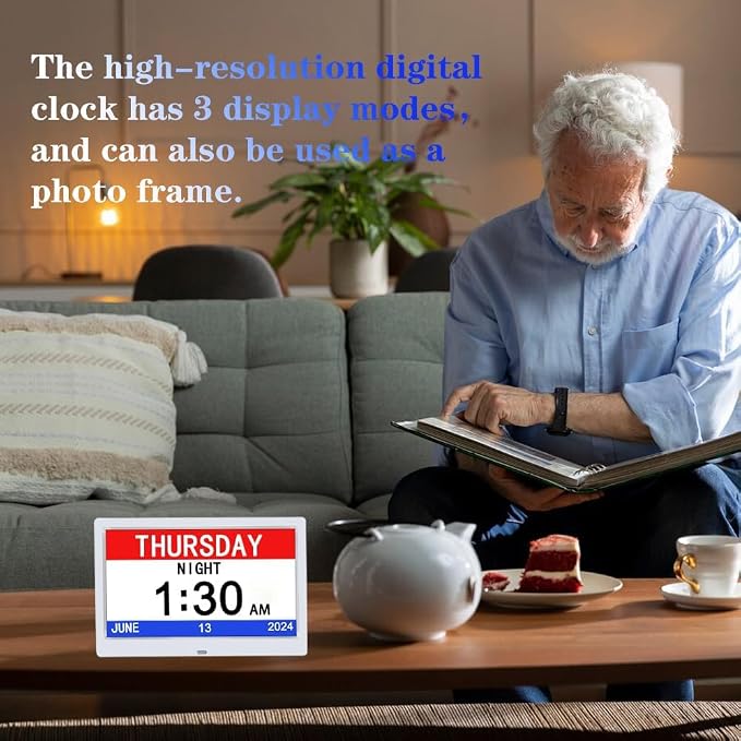 AINFTIME DST Digital Clock with Date and Day of Week for Elderly-12 Alarms Medication Reminder Dementia Alzheimers Clock Calendar with Extra Large Display (10.1 inch White)