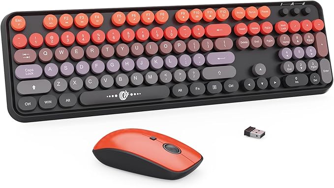 Orange Wireless Keyboard and Mouse Combo, Cute Retro Typewriter Style Round Key Keyboard, Letton Colorful Bubble Full Size Keyboard with Number Pad for Long Nails PC Laptop Office