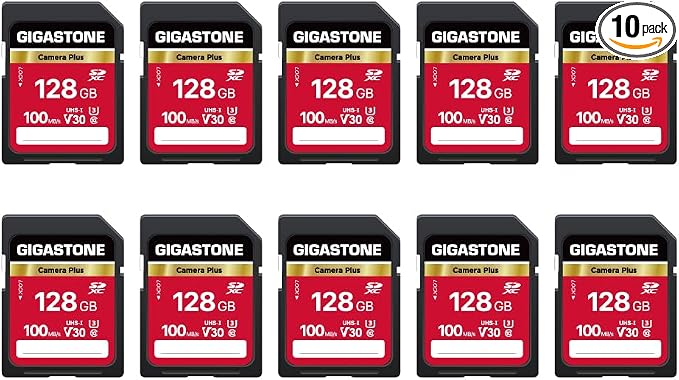 GIGASTONE 128GB SD Card 10-Pack, Camera Plus, UHS-I V30 U3 SDXC Memory Card High Speed UHD Video Compatible with Digital Camera, with 10 Mini Cases