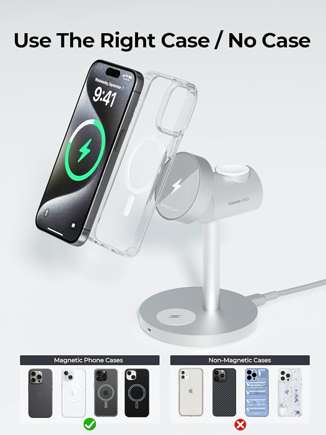 3-in-1 Fast Wireless Charging Station for MagSafe, Qi2 Certified Wireless Charger Stand, Magnetic Charger, MagFusion Wireless Charger for iPhone 17/16/15/14/13/12 Series, Apple Watch, AirPods, Silver