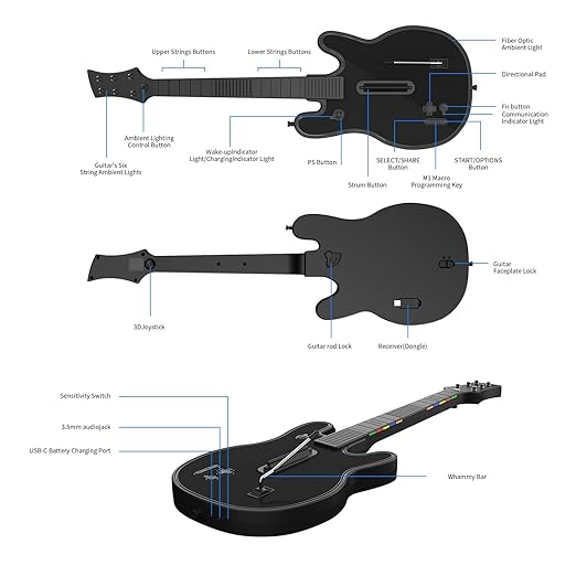 JJDWIN Wireless Guitar Hero Controller for PS4/PS3/PC with RGB Light, Rock Band & Clone Hero Games, Fortnite Festival with Strap & Wireless Dongle,Black