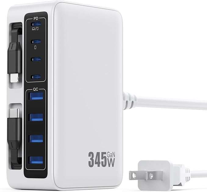 345W USB C Charger 10 in 1 Retractable Wall Charger with 2 Cables,GaN 6 USB C Charging Station Phone Charging PD Laptop Charger Adapter for MacBook Pro/Air,DELL,iPhone17/16/15,Galaxy S24,Android etc