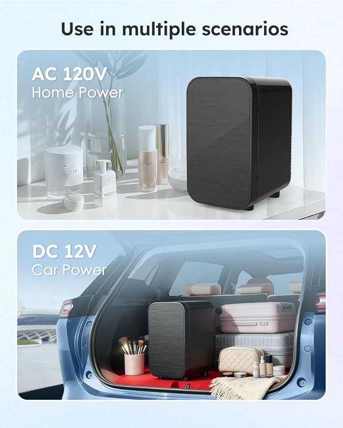 FANSEXPERT Skincare Fridge with Glass Panel, 6L Mini Fridge for Home/Car, AC/DC Portable Thermoelectric Cooler and Warmer, Makeup Mini Compact Refrigerator for Skincare Cosmetics Food Drinks (Black)