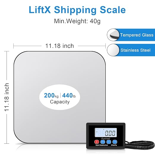Fuzion-LiftX Shipping Scale, 440LB/200KG x 10g Digital Postal Scale, Hold/Tare Function, Shipping Scale for Packages Small Business/Luggage/Mailing/Postage, Battery & AC Adapter Included
