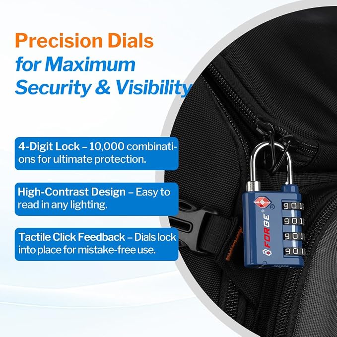 Forge Dual-Opening: Key or Combination Lock, TSA Approved Lock for Luggage, Pelican case, Travel, Gym, School, Luggage Combination Lock, Travel Bag Lock (Blue 2 Pk)