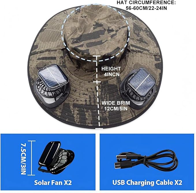 Wide Brim Solar Fan Hat, Hat with Solar Fans Built in, Large Fishing Hat with Fans for Men, for Outdoor Hiking Camping Fishing Garden, UPF 50+ Sun Breathable,Dark Gray Camouflage