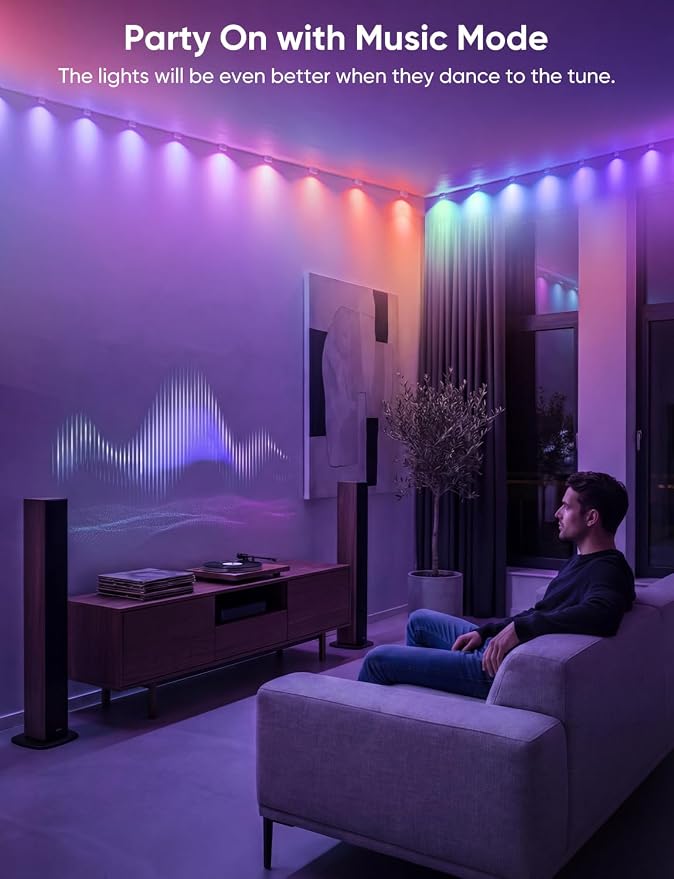 APPECK String Downlights Indoor, 30ft Smart Wall Backlight for Bedroom with 30 Led Lights, 111 Scene Modes, Music Sync Color Changing Deocrative Lighting for Party, Kids Room, Works with Alexa/Google