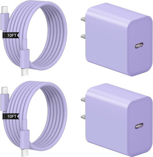 iPhone 17 16 15 Charger Fast Charging 2+2Pack 20W USB C Wall Charger with 10FT Fast Charging Cable Compatible with iPhone 17/17 Air/17 Pro/17 Pro Max/iPhone 16/15 Series, iPad Pro/AirPods-Purple
