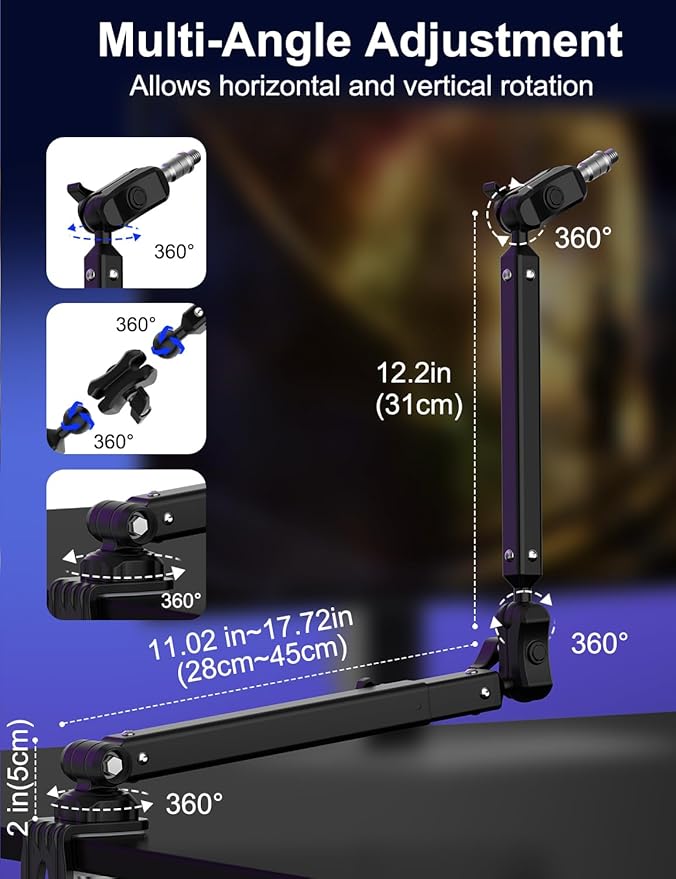 Kairiyard Microphone Boom Arm, 360° Rotatable Heavy Duty Stable Metal Low Profile Mic Arm Stand Desk Mount for Podcast Live Streaming Gaming Studio, with Cable Management, 3/8'' to 5/8'' Adapter