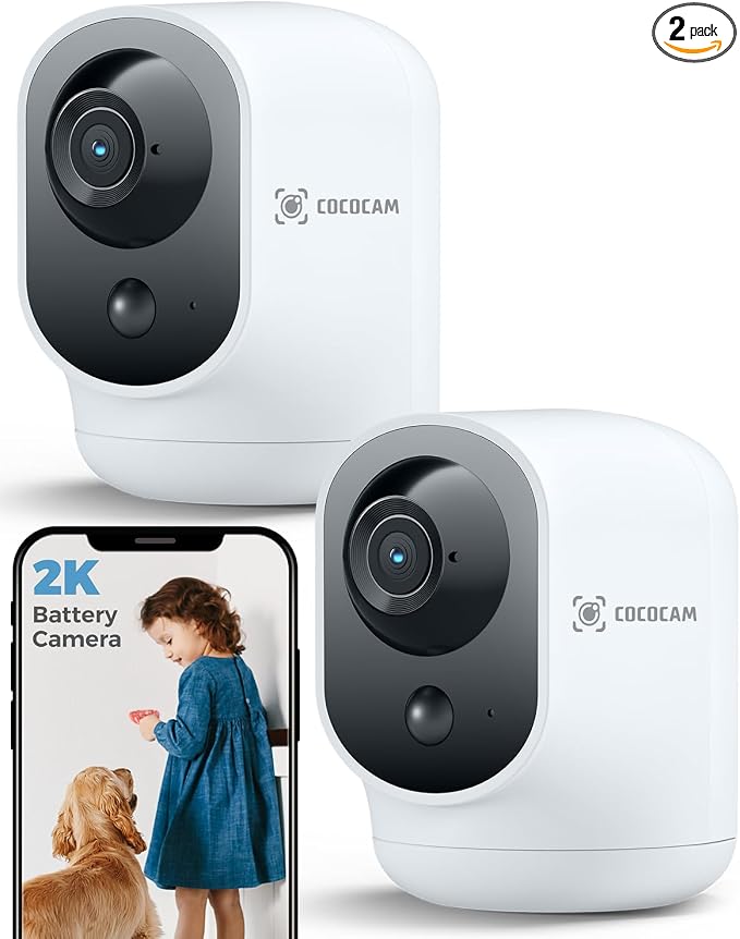 COCOCAM 2PCS Battery WiFi Indoor Security Camera Wireless, 5200mAh Battery, 2K Pan/Tilt Camera for Baby Monitor/Pet/Home Security, AI Recognition, PIR Human Detection, 2.4G WiFi