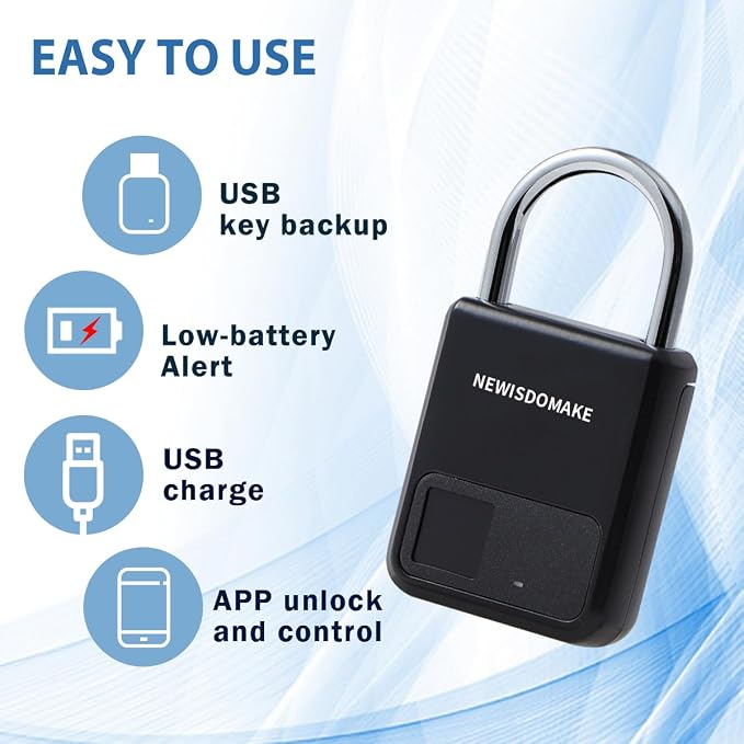Fingerprint Padlock, Smart Padlock with Fingerprint or Remote Authorized Unlock, Biometric Lock Suitable for Luggage, Bookcase, Suitcase, Backpack, Bike, School Locker, Gym Locker Lock(Black)