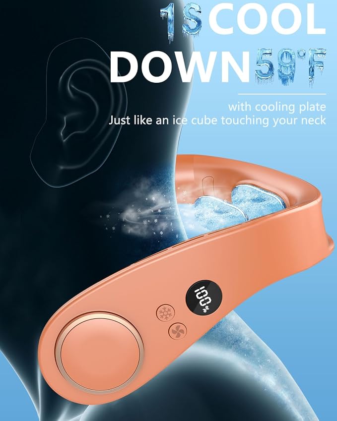 Neck Air Conditioner with Metal Cooling Plate, 5500mAh Batteries & LED Display, Silent Wearable Personal AC Unit, Bladeless Headphone Fan for Hot Flash Relief for Women Men Adults Outside, Orange