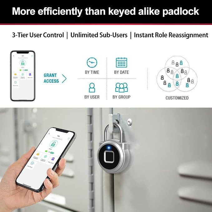 Gym Locker Padlock eLinkSmart Fingerprint Padlock Bluetooth App Authorized View Record Waterproof Security Keyless Smart Combination Lock for Outdoor Locker Backpack Gun Case Silver