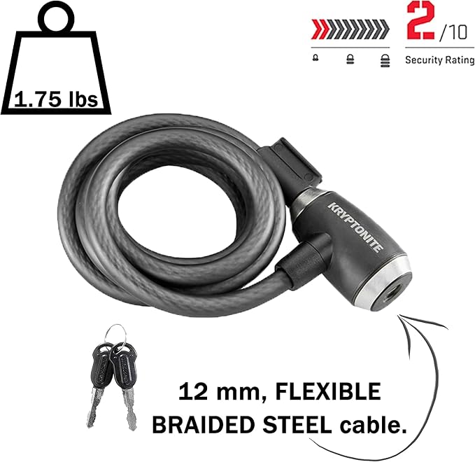 Kryptonite KryptoFlex Bike Lock Cable, 2FT/6FT/10FT Long 12mm Thick Heavy Duty Braided Steel Cable Anti-Theft Security Lock for Outdoor Equipment, Combination/Key Bike Lock