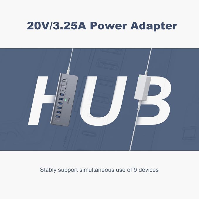 Powered USB Hub 10Gbps, intpw YH6AC 9-Port USB HUB with 10Gbps USB A/USB C 3.2, 4 USB 3.0, 2 PD 45W Charging Port, 65W Power Adapter + 5FT Cable, Aluminum USB Hub for Laptop, PC,iPhone 17/16