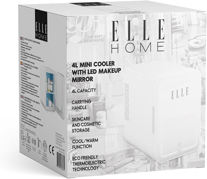 ELLE 4L Mini Cooler Fridge with LED Makeup Mirror for Skincare & Cosmetic Storage Cooler & Warmer Removable Shelf Carrying Handle AC DC Power Options Small Refrigerator for Bedroom Car Office White