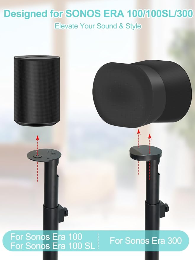 Haturi Single Speaker Stand for Sonos ERA 100 SL, ERA 100 & ERA 300, Adjustable 22”–42” Floor Stand with Cable Management, Heavy Duty Metal Construction, Non-Slip Base for Living Room Office, Black