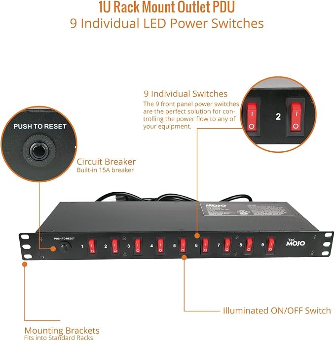 Tecmojo 9-Outlet Rack Mount Overloading Protection Circuit Breaker PDU, with Individual Switch 6ft Cord for IT and Network Racks and Cabinets