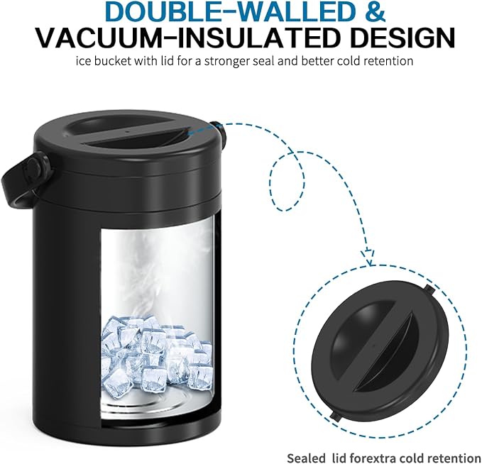 4.8L Insulated Ice Bucket, 5Quart Double Wall Vacuum Stainless Steel Keeps Frozen Longer, insulated Wine Cooler used for Parties, Cocktail bar, Wine, Champagne,travel and fishing