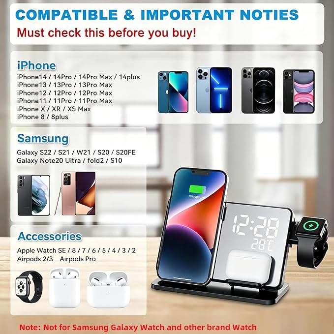 IHAO 4in1 Multifunctional Alarm Clock with Magnetic Wireless Charging15W Fast Charge for Qi Phone, Earbuds, iWatch LED Display as Mirror Show Temperature, USB Port, Smart Bedside Organizer-W669 Black