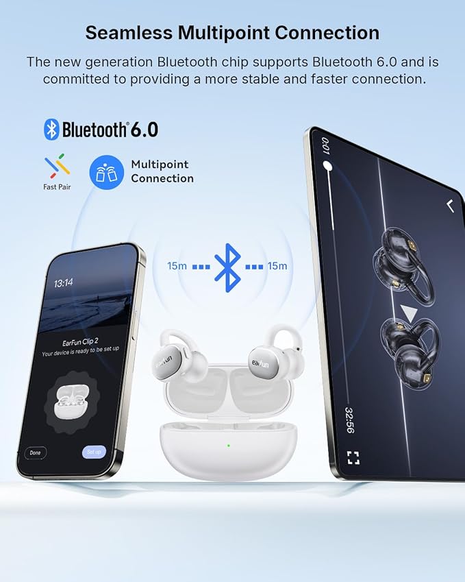 EarFun Clip 2 Open Ear Earbuds, Clip On Headphones, LDAC, Hi-Res Audio, 12mm Titanium Driver, 4 Mics AI Clear Call, AI Translation Earbuds, Secure Fit, 40H Playtime, Bluetooth 6.0 for Running, White